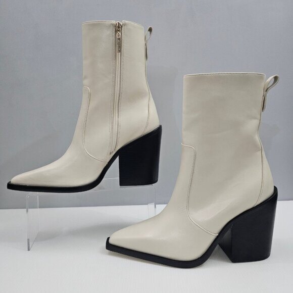 Larroude James Ankle Boot Womens 10 Cream Leather Tall Block Heel Pointed Toe - Picture 2 of 15